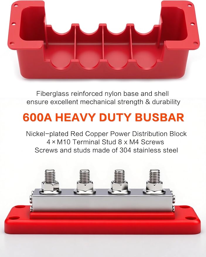 600A Heavy-Duty Bus Bar (2-Pack) Nickel Plated Copper Distribution Terminal Block with Cover 4 M10 (3/8 in) Studs & 8 Screws Buss Bar for Solar RV Marine Car Audio 12-48V DC Battery System