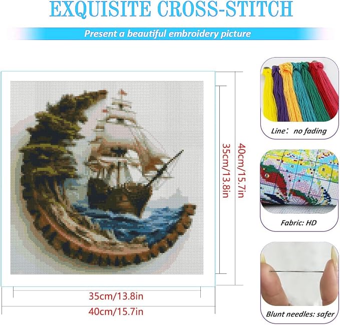 KYOQFVN Sailboat Stamped Cross Stitch Kits, Ocean Sail Boat Needlepoint Counted - Image 2