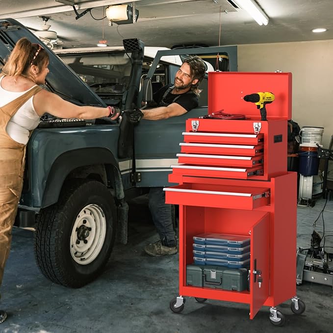 5-Drawer High Capacity Rolling Tool Chest, Removable Toolbox on Wheels Organizers, Lockable Tool Box Tool Storage Cabine with Drawers and Wheels for Workshop and Warehouse (Red)