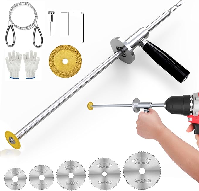 Inside Pipe Cutter for Pvc Pipe with Handle and Diamond Grit Cutting Wheel, Pvc Cutter Tool for Drill, 7 inch Adjustable Cutting Depth Gauge Guide with 1/4" Hex Shank
