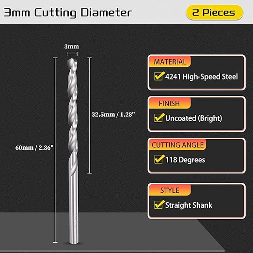 Drill Bit, 3mm Cutting Diameter, 4241 HSS 118° Cutting Angle Uncoated Bright Versatile Jobber Bits - (Applications: for Drilling Plastic Wood Soft Metal), 2-Pieces