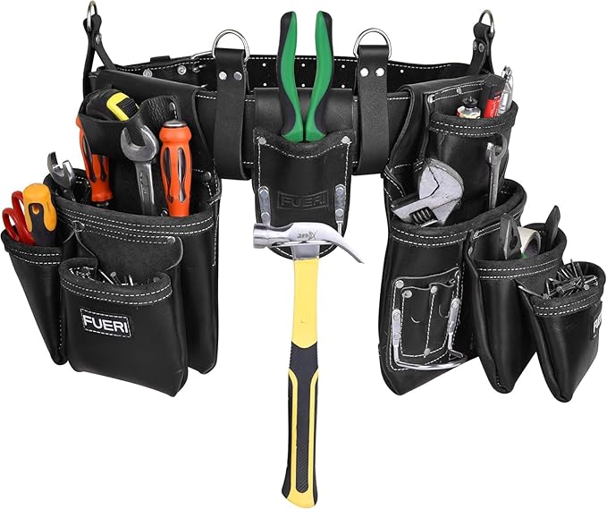 Heavy Duty 19 Pocket Leather Tool Belt Suspender Multipurpose Pockets Work Organizer Pouch Framing Fat Lip Tool Holder for Carpenter, Construction, Handyman, and Electrician Tool Belt Set
