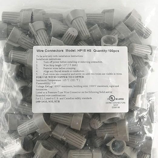 UL Listed Grey Winged Electrical Wire End Connectors Caps Bulk 100 Pack Large Twist-on Wire Connectors Nuts 18-8 AWG,HS P15 Type Screw Terminals