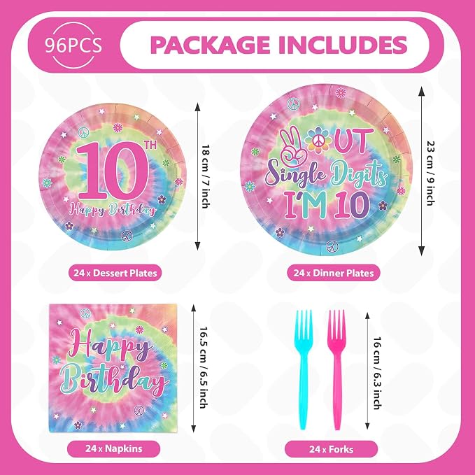 96Pcs Tie Dye 10th Birthday Party Decorations - Image 2