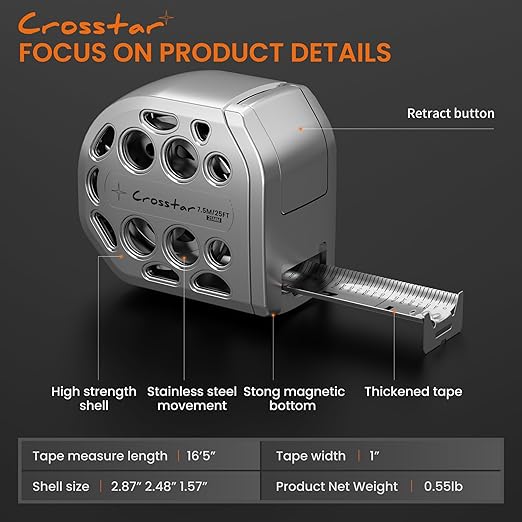 Crosstar 16FT Magnetic Self-Locking Stainless Steel Tape Measure, Double-Sided Scale, Waterproof & Rustproof Retractable Measuring Tape with Hollow Design for Home, Industrial, Woodworking