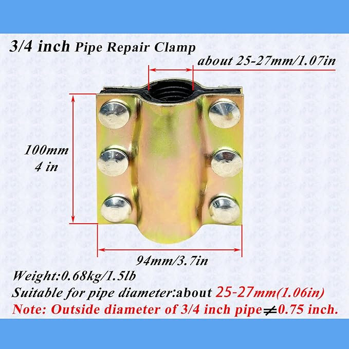 Water Pipe Repair Clamp for 3/4 inch Pipe(Outer Diameter of Applicable Pipe is About 1.06 inch),Leak Sealer for Pipes and Plumbing,Length About 4 inch,Suitable for PE/PPR Pipe,Steel/Iron Pipe