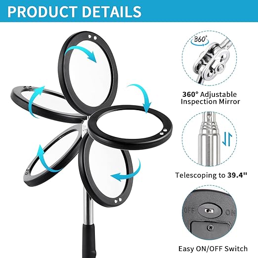 3 Pack Telescoping Inspection Mirrors LED Light & Magnet Flashlight Pickup Tool Set, Large 3.75" Round, 3.3" Square Mirror, for Inspection Viewing, Mechanic Checking, Observation