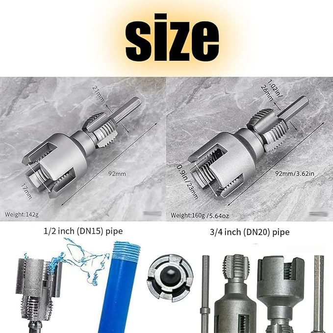 Integrated Internal & External Pipe Threading Tool, Pipe Thread Cutting Tool, Electric Drill Compatible 2 In 1 PVC Pipe Threader Kit, 1/2" 3/4" PVC Thread Maker Tool for Water Pipes (2 Pcs 3/4’’)