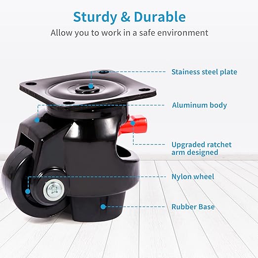 Nefish Leveling Casters Set of 4 Heavy Duty 80F, Retractable Caster Wheel for Workbench, Ratchet Arm Design 3300 LBS Capacity, 360 Degree Swivel Castor with Rubber Foot for Furniture, Equipment