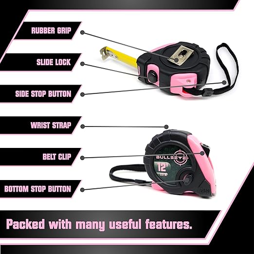 Bullseye Tape Measure 12 Foot 3-Pack | Pink | Small, Retractable Measuring Tapes with Pause Buttons | Easy-to-Read Standard and Metric Measurements for Adults and Kids | Inches and Centimeters