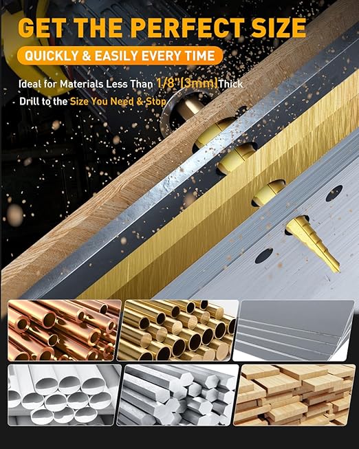 COMOWARE Step Drill Bit Set - Titanium Coated, Double Cutting Blades, High Speed Steel, Short Length Drill Bits Set of 3 pcs, Total 28 Sizes