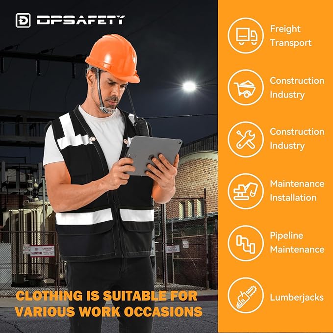 Reflective Safety Vest with Back Pouch, Hi Vis Class 2 Heavy Duty Surveyor Vest with Zipper, ANSI/ISEA Standard, Men's & Women's (Black, 5XL)