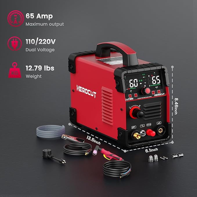 Plasma Cutter, 65Amps HEROCUT Plasma Cutter Machine CUT65i, Non-Touch Pilot Arc, 110/220V Dual Voltage IGBT Inverter, Screen Display, Air Sensor, 20mm Max Cutting Thickness, 2T/4T for Beginners DIY