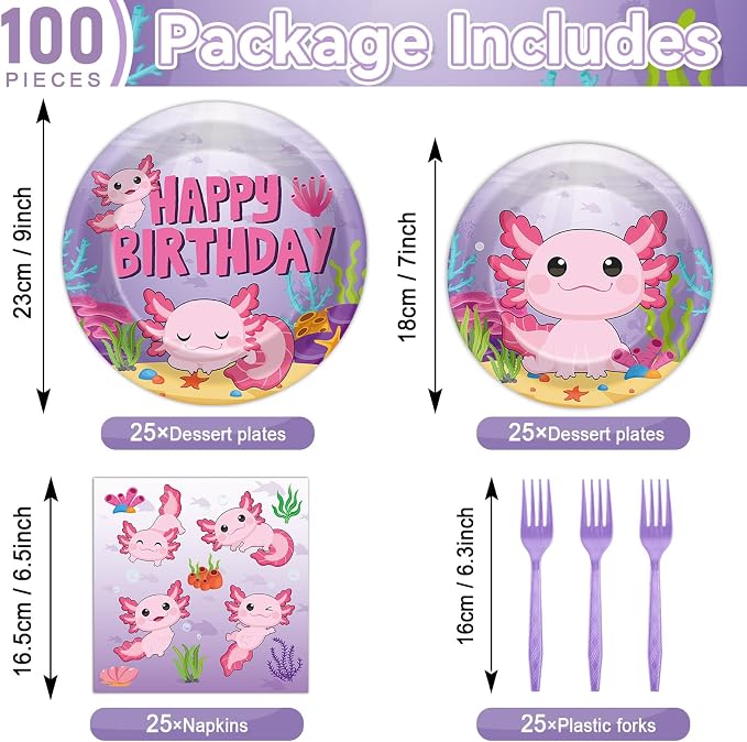 100 Pcs Axolotl Birthday Party Supplies Pink Axolotl Disposable Paper Plates - Image 2