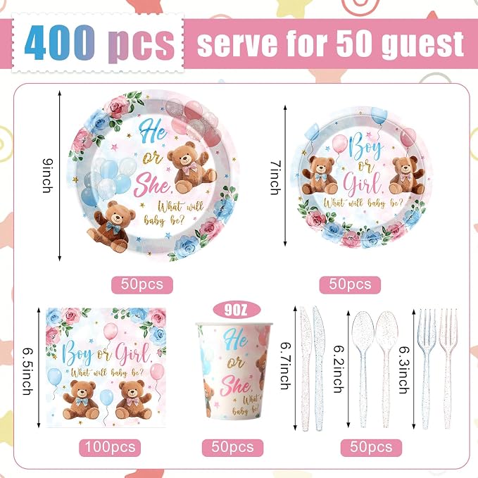 Pickmesh 400 Pcs Bear Gender Reveal Party Supplies Decorations Include Pink - Image 2