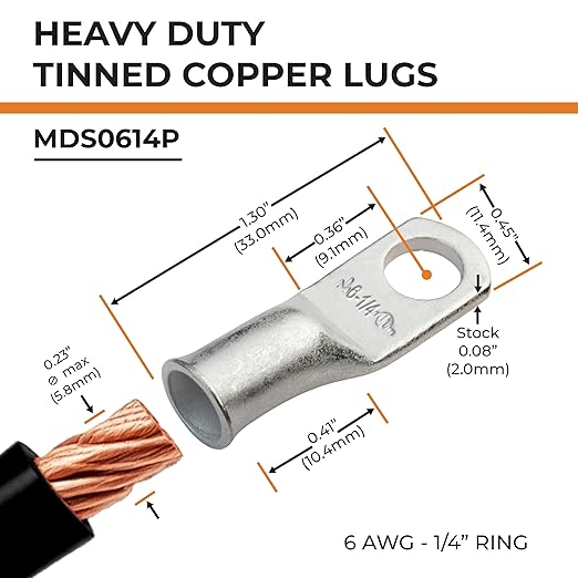 SELTERM 10pcs 6 AWG-1/4 Stud Tinned Copper Wire Lugs, Heavy Duty Battery Cable Ends,6 Gauge Ring Terminals, UL Battery Lugs Marine Grade Copper Eyelets Electrical Battery Terminal Connectors