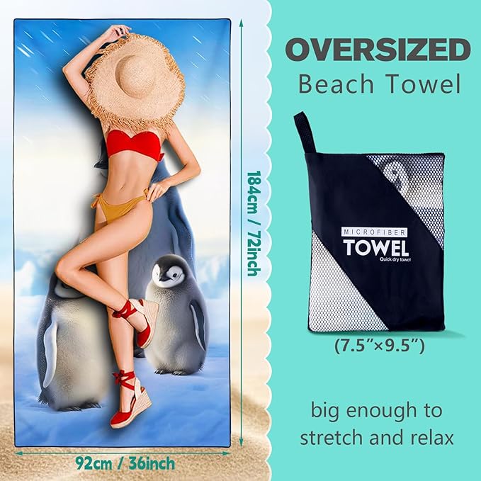 Penguin Family Beach Towel Oversized 36" x 72", Thin Lightweight Sand Free Quick Dry Microfiber Towel for Swimming Pool Cruise Camping Travel