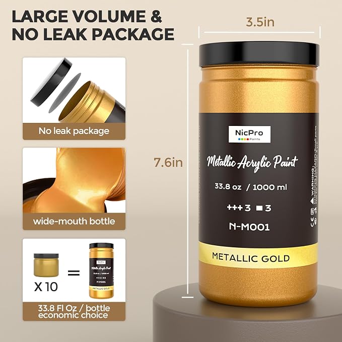 Nicpro Acrylic Paint Metallic Gold, 33.8oz/1000ml Large Gold Leaf Paint | Non - Image 7