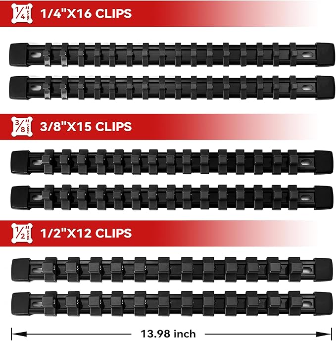 ALOANES 6 PC ABS Socket Organizer, 1/2 inch, 3/8 inch and 1/4 inch Drive Socket Rail Holders, Heavy Duty Socket Racks, Black Rails with Black Clips