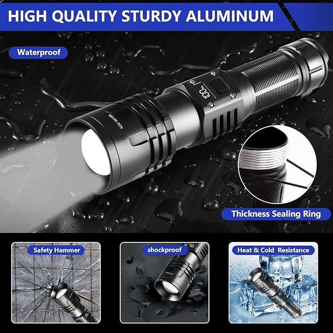 Rechargeable LED Flashlights 10000.00 High Lumens,𝟐𝟎𝟐𝟓 𝐍𝐞𝐰 High Powered Waterproof Tactical Flashlight Spotlight Flashlight for Home, Bright Flashlight Black for Outdoor Camping Emergency