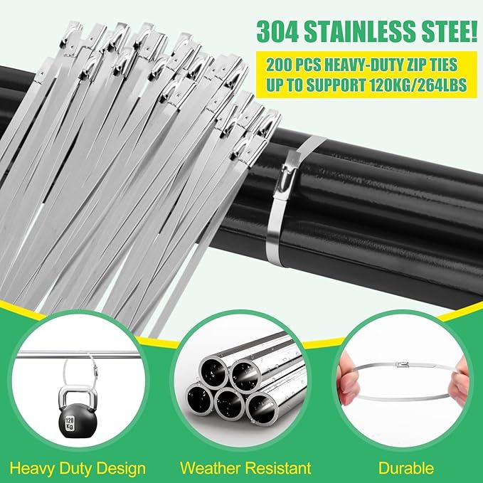 Heavy Duty Stainless Steel Cable Tie Gun Kit with 200 Self-Locking Metal Zip Ties, Adjustable Tension Cutting Tool for Garden Fence Repair, Outdoor Projects (100 of 11.8", 50 Each of 8.6", 6")