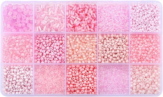 15 Grid Pink Glass Seed Bugle Tube Beads Kit by Basigeese