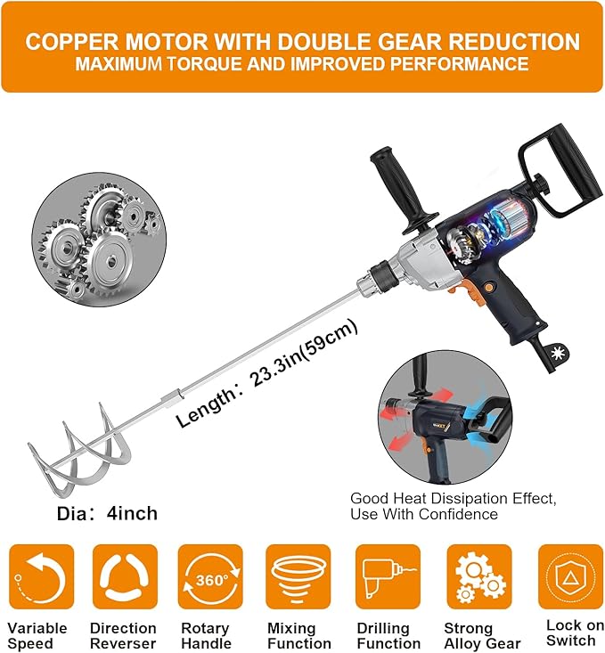 MAXXT Drill Mixer Set with Spade Handle 1/2 inch Electric Corded Mixing Drill Machine 9A Motor Concrete Mud Mixer
