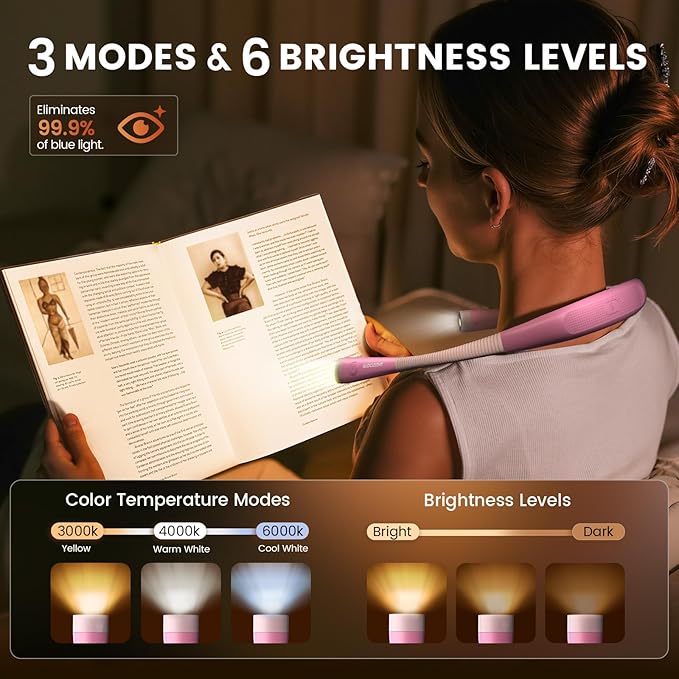 Glocusent Book Light, 3-Color & 6-Brightness Reading Light, Bendable Neck Light - Image 2