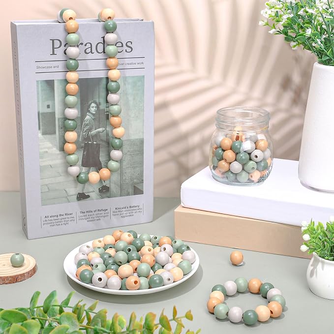 Whaline 240 Pcs Sage Green Beige Wood Beads Natural Color Round Loose Beads - Image 5