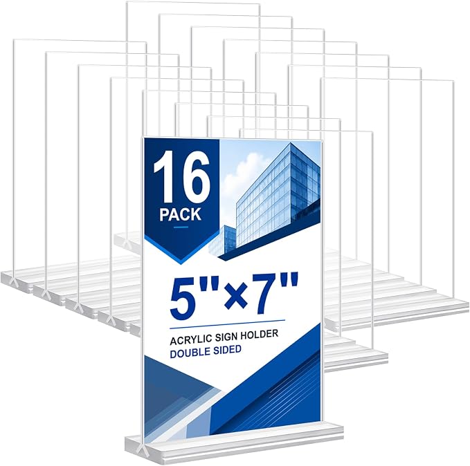 Acrylic Sign Holder 5 x 7, 16 Pack Clear Table Menu Vertical Display Stand by DunGu