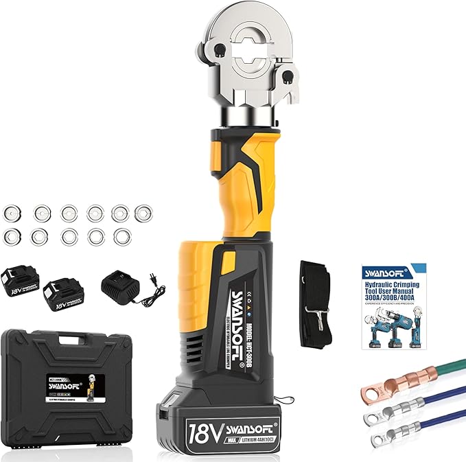 SWANSOFT Electric Hydraulic Crimping Tool,6Ton 6AWG-600MCM Rechargeable Hydraulic Crimper for Cu/Al Terminal, Crimp 20000 Times Wire Cable Lug Crimping Tool Kit (300B-Yellow)