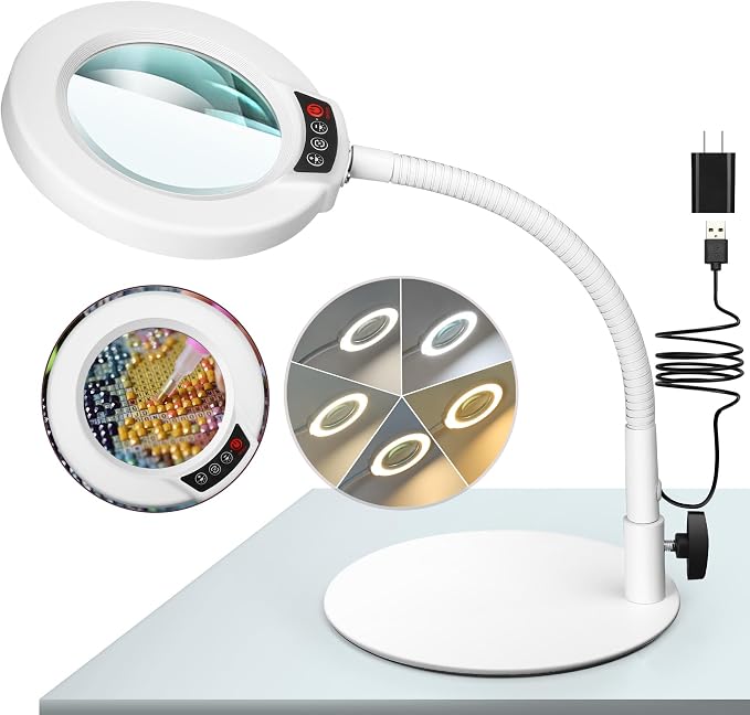 10X Magnifying Glass with Light and Stand, 5 Color Modes Stepless Dimmable LED by KRSTLV