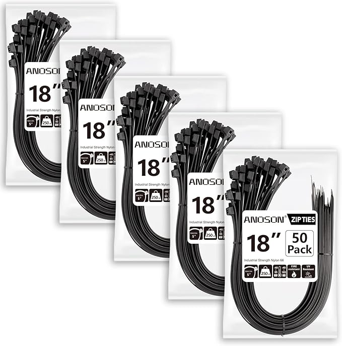 Large Zip Ties 18 inch (250 Pack), Actual 20 inch, Long Zip Ties Heavy Duty with 250 lb Tensile Strength, Big Cable Ties, Black, by ANOSON