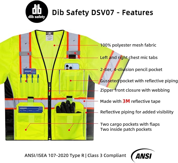 Dib Safety Reflective Mesh Vest ANSI Class 3, High Visibility with Pockets and Zipper, Made with 3M Reflective Tape, Yellow 4XL