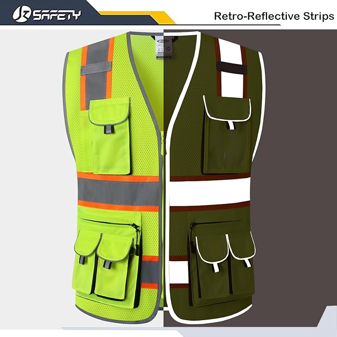 JKSafety 10 Pockets Hi-Vis Neon Color Frontal Zipper Mesh Safety Vest for Men Women Safety Utility for works Comply to ANSI/ISEA Class 2 (86-Yellow XXL)