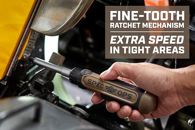 Spec Ops Tools Ratcheting Screwdriver, 12-in-1, Includes 6 Double-Sided S2 Steel Bits, Magnetic, Cr-Mo Steel Shaft, 3% Donated to Veterans Flat Dark Earth/Black