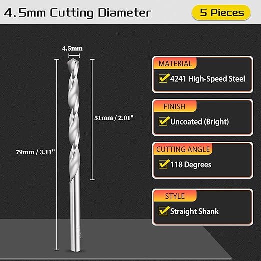 Drill Bit, 4.5mm Cutting Diameter, 4241 HSS 118° Cutting Angle Uncoated Bright Versatile Jobber Bits - (Applications: for Drilling Plastic Wood Soft Metal), 5-Pieces
