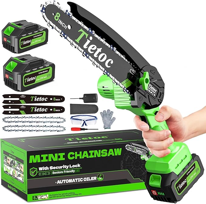 Tietoc Mini Chainsaw 8 inch Cordless with 2x 4000mAh Batteries, Battery Powerd Chain saw with Oiler, Lightweight Handheld Saw for Household & Garden, Gifts for Men, Dad, Husband, Gardener and DIYer
