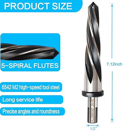 DKIBBITH 15/16" Bridge Construction Reamer Drill Bit, M2 HSS Taper Chucking Reamer for Steel Alloy Metal Wood Plastic, 1/2" Non-Slip Shank, 5-Spiral Flutes Car Reamer, to Align or Enlarge Holes, 24mm