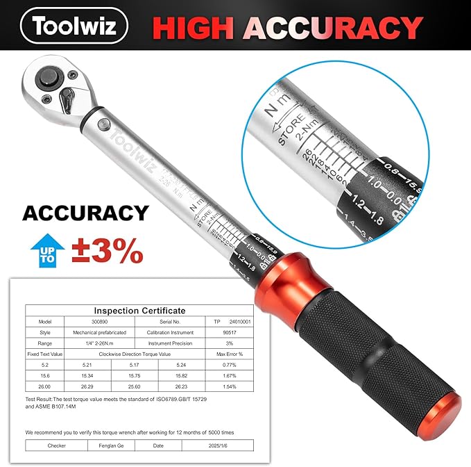 Toolwiz Bike Torque Wrench Set 1/4-Inch Drive 2-26 Nm 17.7-230.1 In-Lb 15 Pieces Torque Wrenches Tool Kit 72 Tooth Dual-Direction Click Type for Bicycle, MTB, Car Repair, Home Maintance