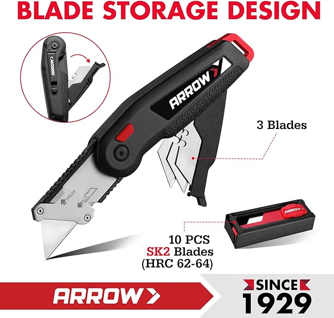 ARROW Utility Knife with Blade Storage Design, Quick Change Box Cutter, Speed Release Folding Knife with Belt Clip and Landyard Hole, Extra 13 Pieces SK2 Blades Included
