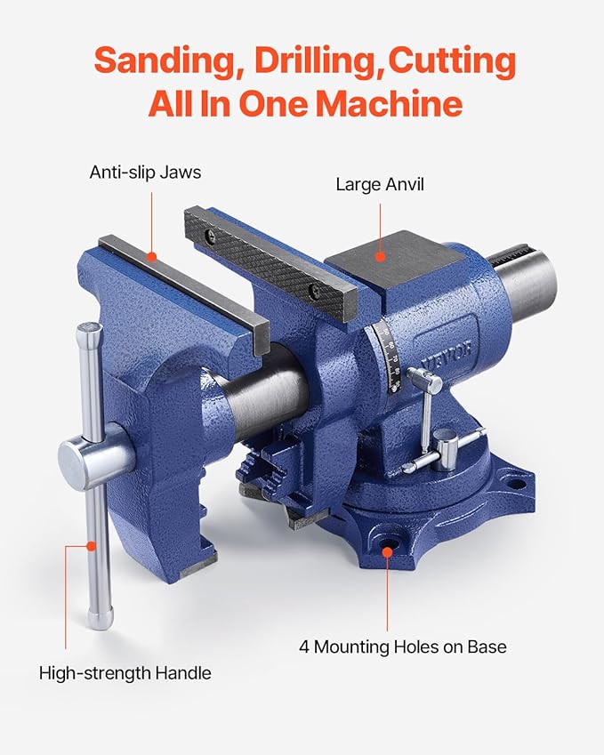 VEVOR Heavy Duty Bench Vise, 6-1/2" Jaw Width, 5" Max Jaw Opening Multi-Purpose Ductile Iron Bench Vise with Anvil, 360° Swivel Base Head, 3" Throat, 5620 lbs Clamp Force, for Pipe Repairing