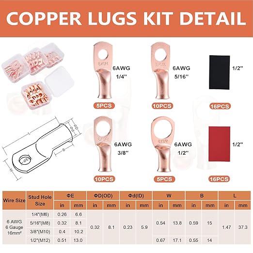 62PCS 6 AWG Ring Terminal Connectors Battery Copper Wire Lugs 6 Gauge 5/16", 3/8", 1/4", 1/2" with Heat Shrink Tubing Set, 30Pcs Battery Cable Ends and 32PCS Heat Shrink Tubing