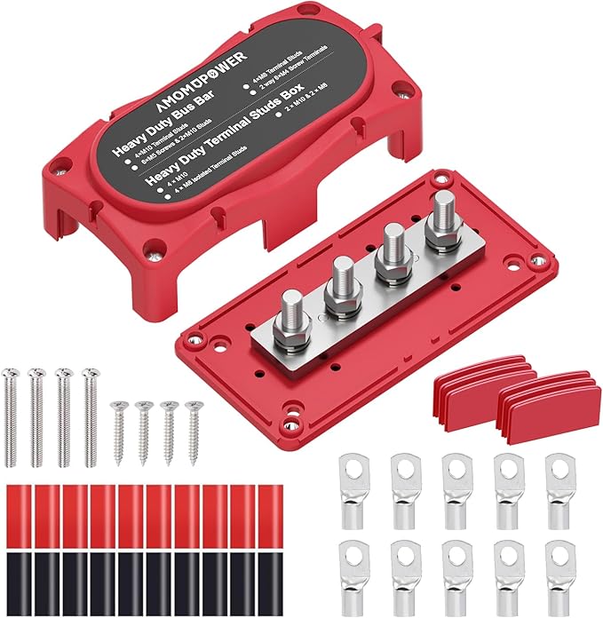300A Bus Bar 12v Power Distribution Block 4 x 5/16"(M8) Terminal Block Heavy Duty Waterproof Buss Bar Junction Block Marine Battery Bus bar for Automotive Boat Solar System(Red)