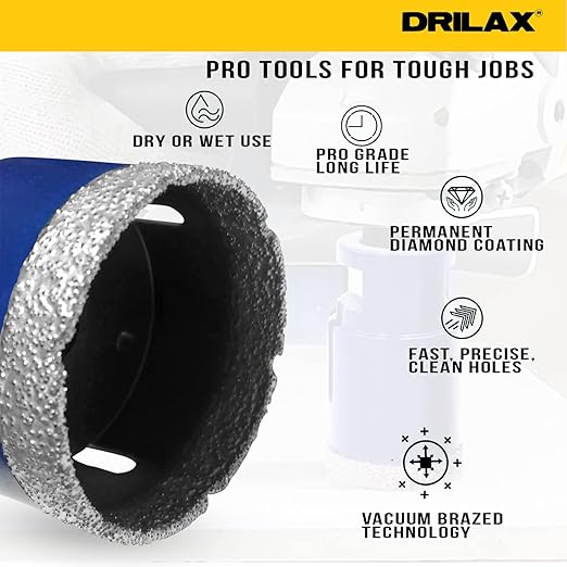 Drilax Pro Series 2-1/2 Inch Diamond Hole Saw | for Angle Grinders (5/8"-11 Thread) & Regular Drills (Adapter Incl.) | 1-3/8" Depth | Fast Dry Drilling for Large Pipes, Vents, Conduit | Long Life