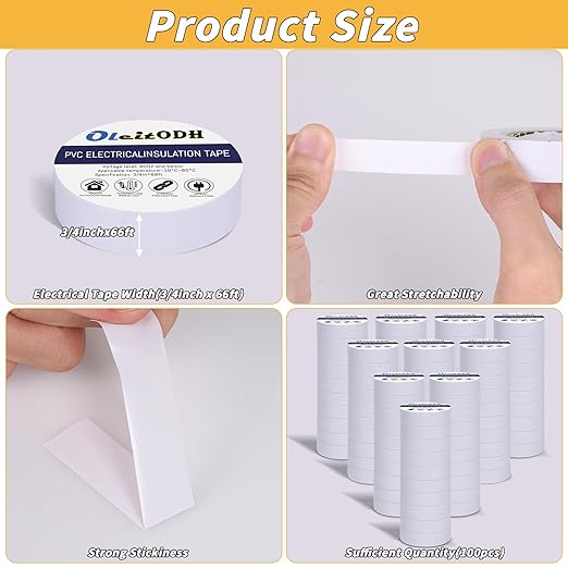 100 Rolls White Electrical Tape Bulk 3/4 Inch x 66ft, Waterproof Vinyl Electric Tape High Temp Insulation Tape for Electrical Protection Home Outdoor Electric Insulating Wire Wrapping