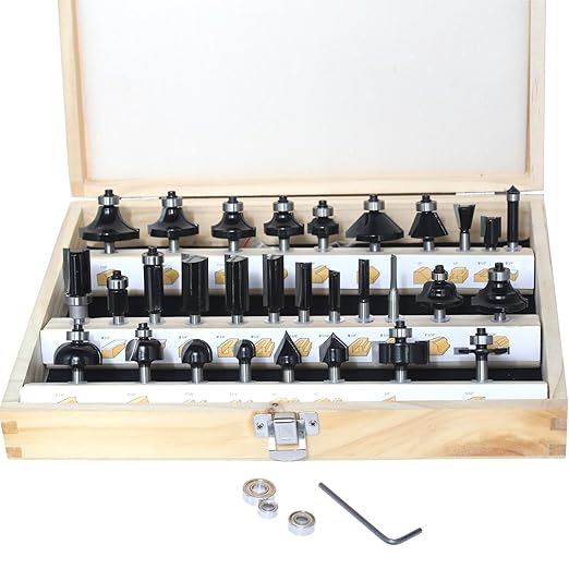 30pcs Router Bits Set,1/4" Shank Router Bit Big Collection 30-Piece Bits with Wooden Case,for Wood Edging,Trimming,Veining,Boring Tenon and Grooving,Carpenters' DIY Gift