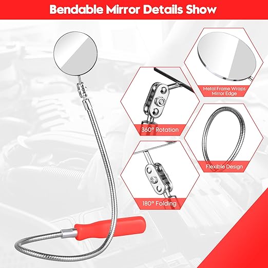 2 Pcs Inspection Mirror, Mechanics Mirror Tool with Long Handle, Round Extendable Mirror on a Stick & 360 Rotation Bendable Circular Mirror for Technicians Mechanics Contractors Checking Observation