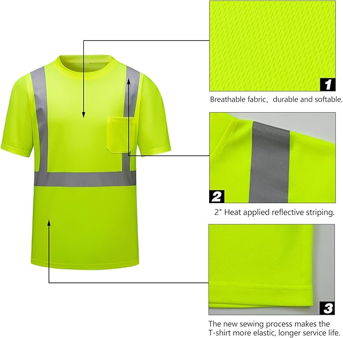 High Visibility Shirts Quick Dry Safety T Shirts with Reflective Strips and Pocket Short Sleeve Mesh Hi Vis Construction Work Class 2 Shirt for Men/Women Lime,3XL