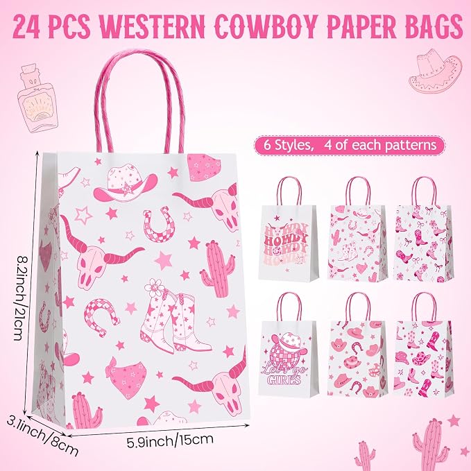 Gaillty 24 Pcs Western Cowgirl Paper Bags Let's Go Girls Boot Hat Pink Cowgirl - Image 2